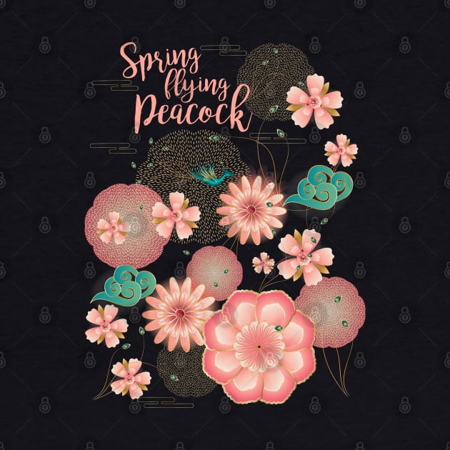 Elegant Floral Ornament, Spring Peach Garden, Decorative Pink Flowers, blossom sakuras pattern, Spring Dream Flying Peacock, Chinese Traditional background Vintage by sofiartmedia